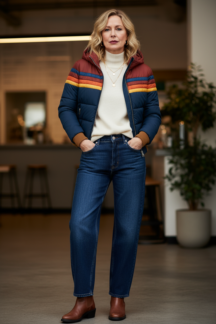 Retro Colorblock Hooded Puffer Jacket